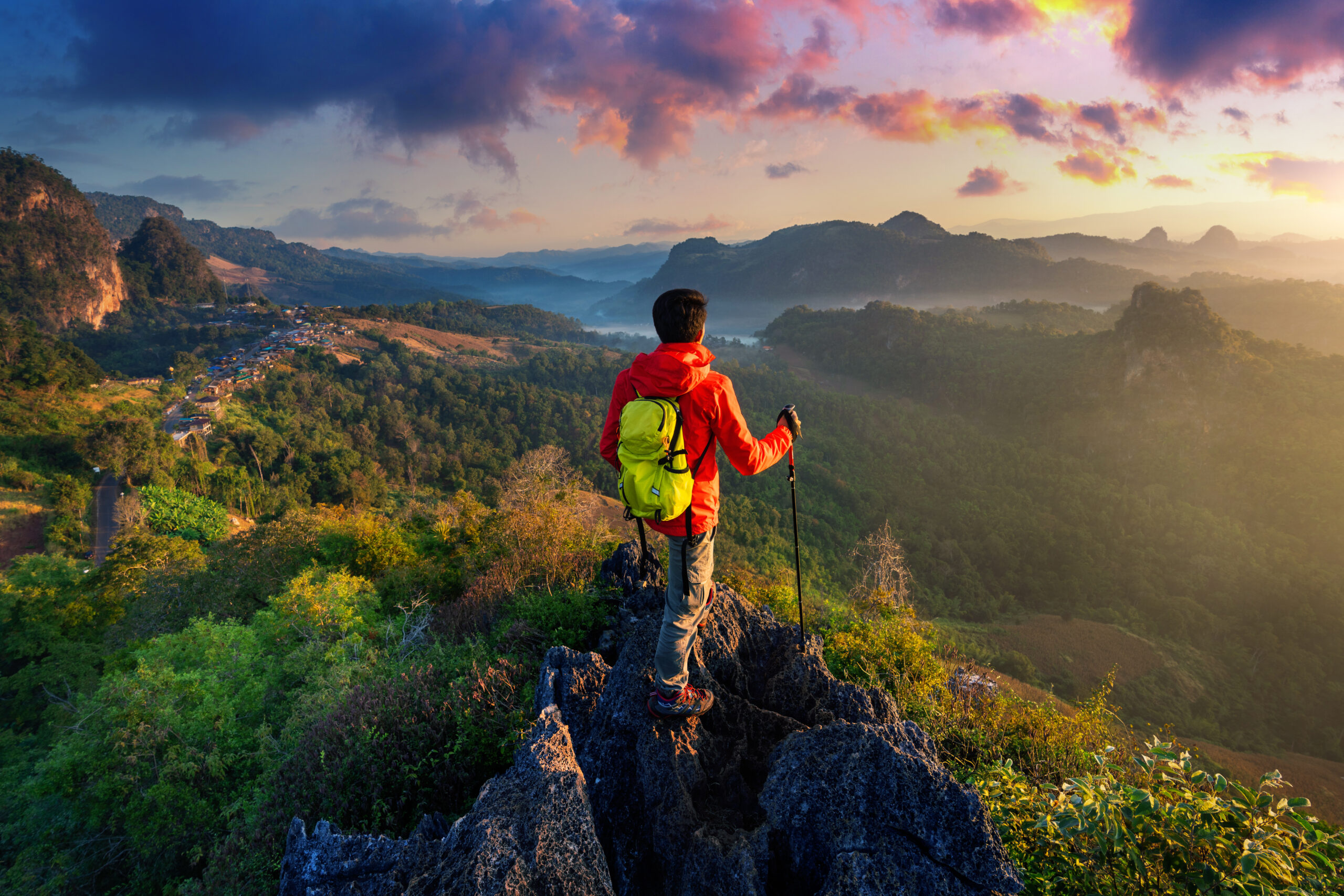 backpacker standing sunrise viewpoint ja bo village mae hong son province thailand scaled